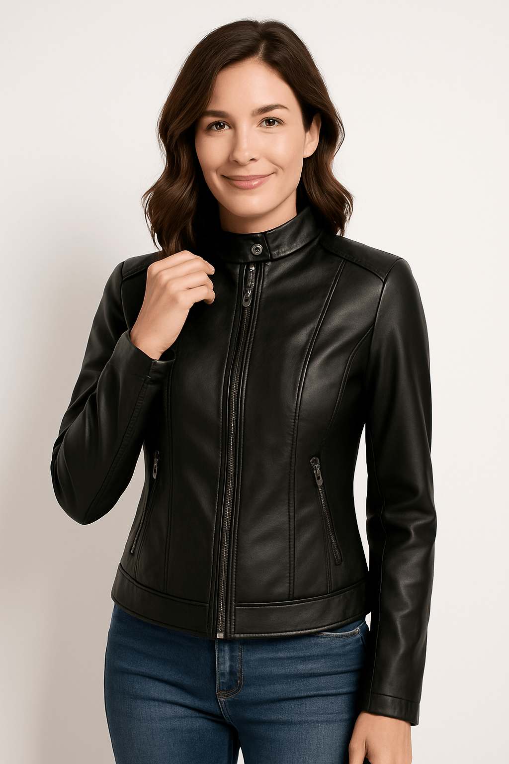 Dames Leren Jas – Getailleerd Model – Opstaande Kraag – Ritszakken – Lange Mouwen