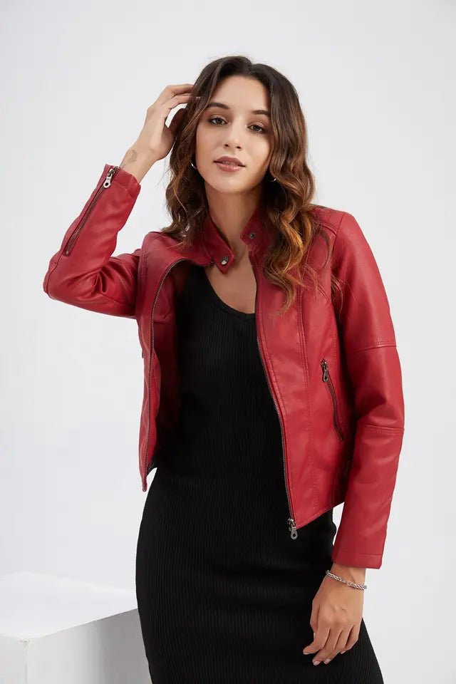 Dames Leren Jas – Getailleerd Model – Opstaande Kraag – Ritszakken – Lange Mouwen