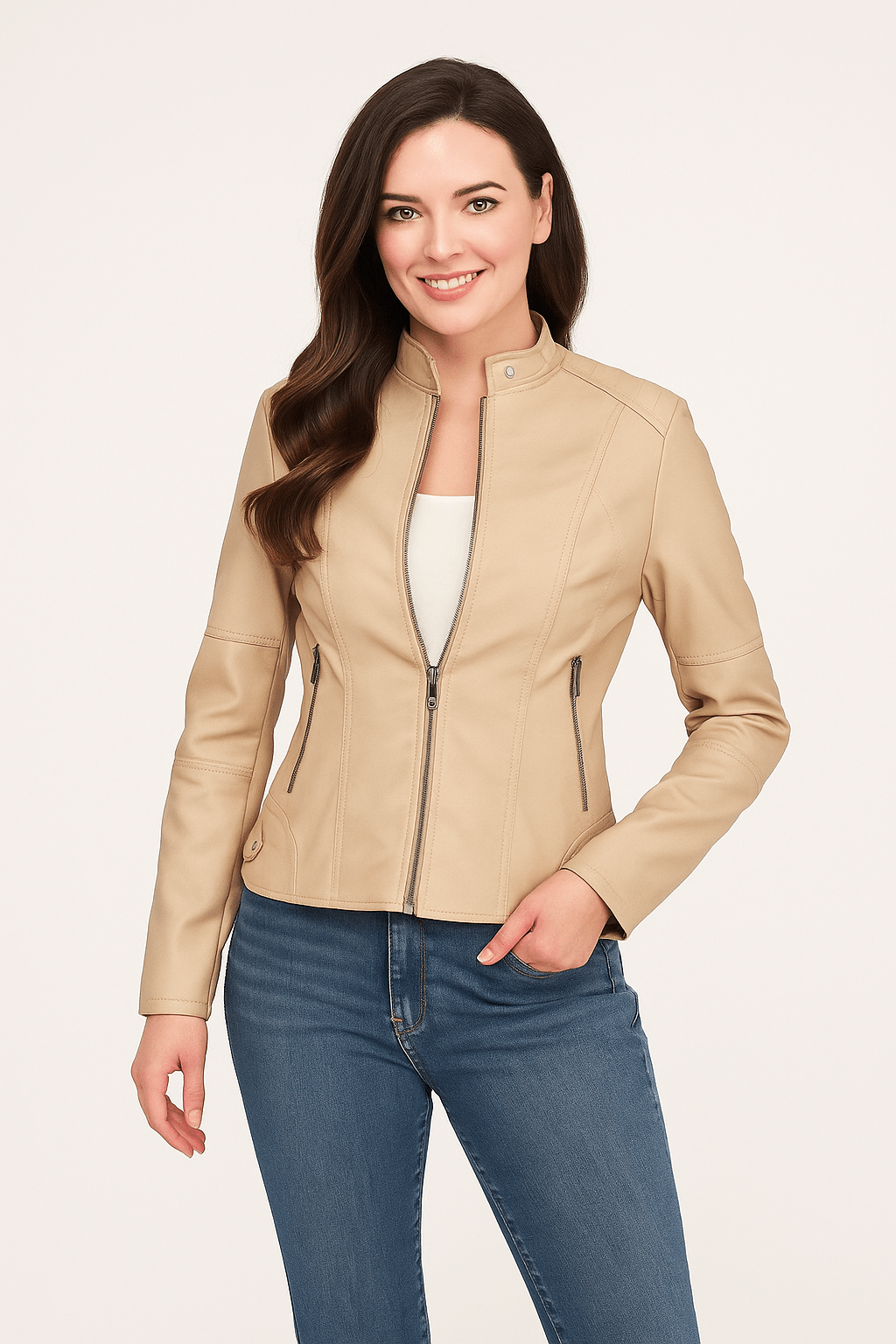 Dames Leren Jas – Getailleerd Model – Opstaande Kraag – Ritszakken – Lange Mouwen