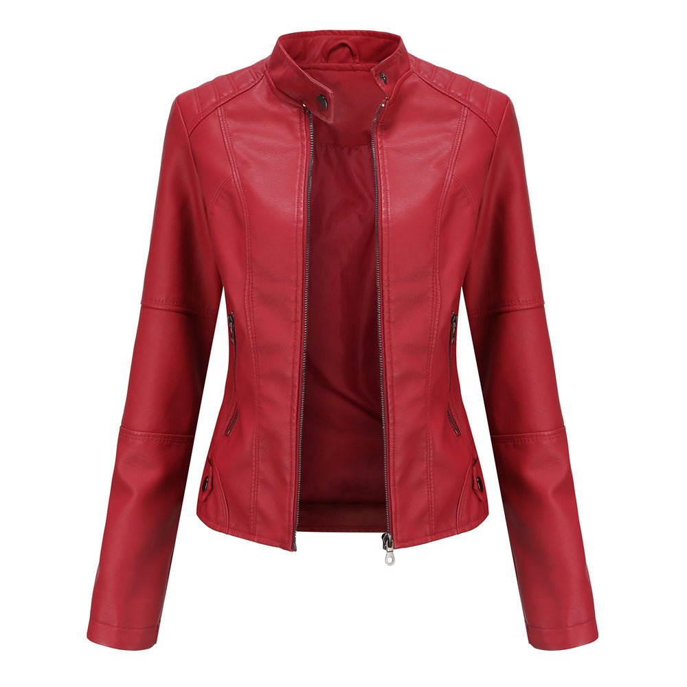 Dames Leren Jas – Getailleerd Model – Opstaande Kraag – Ritszakken – Lange Mouwen