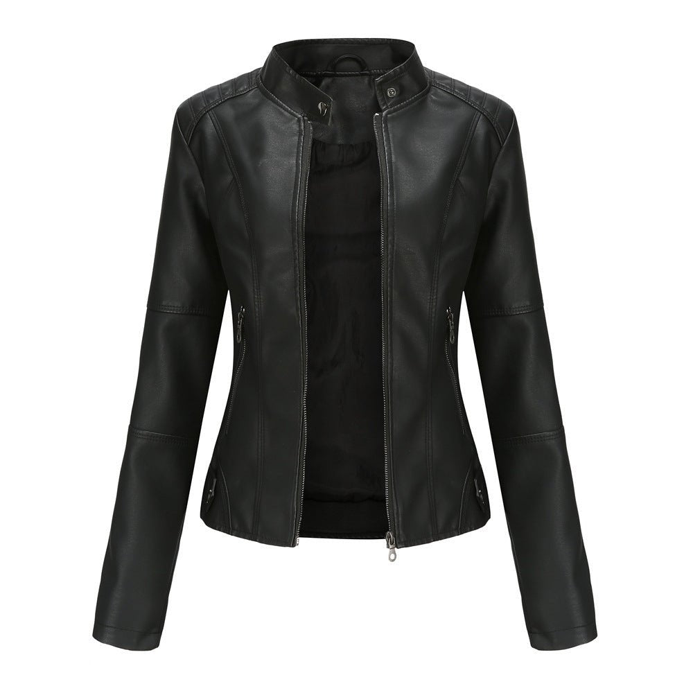 Dames Leren Jas – Getailleerd Model – Opstaande Kraag – Ritszakken – Lange Mouwen