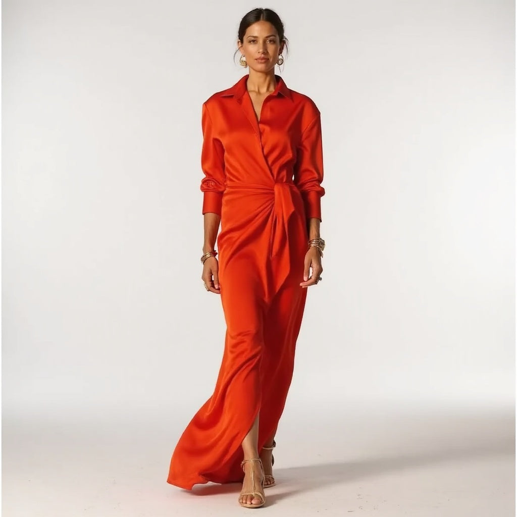Elegante Dames Zijde Satijn Wikkel Jurk – Lange Mouwen, V-Hals, Maxi Lengte