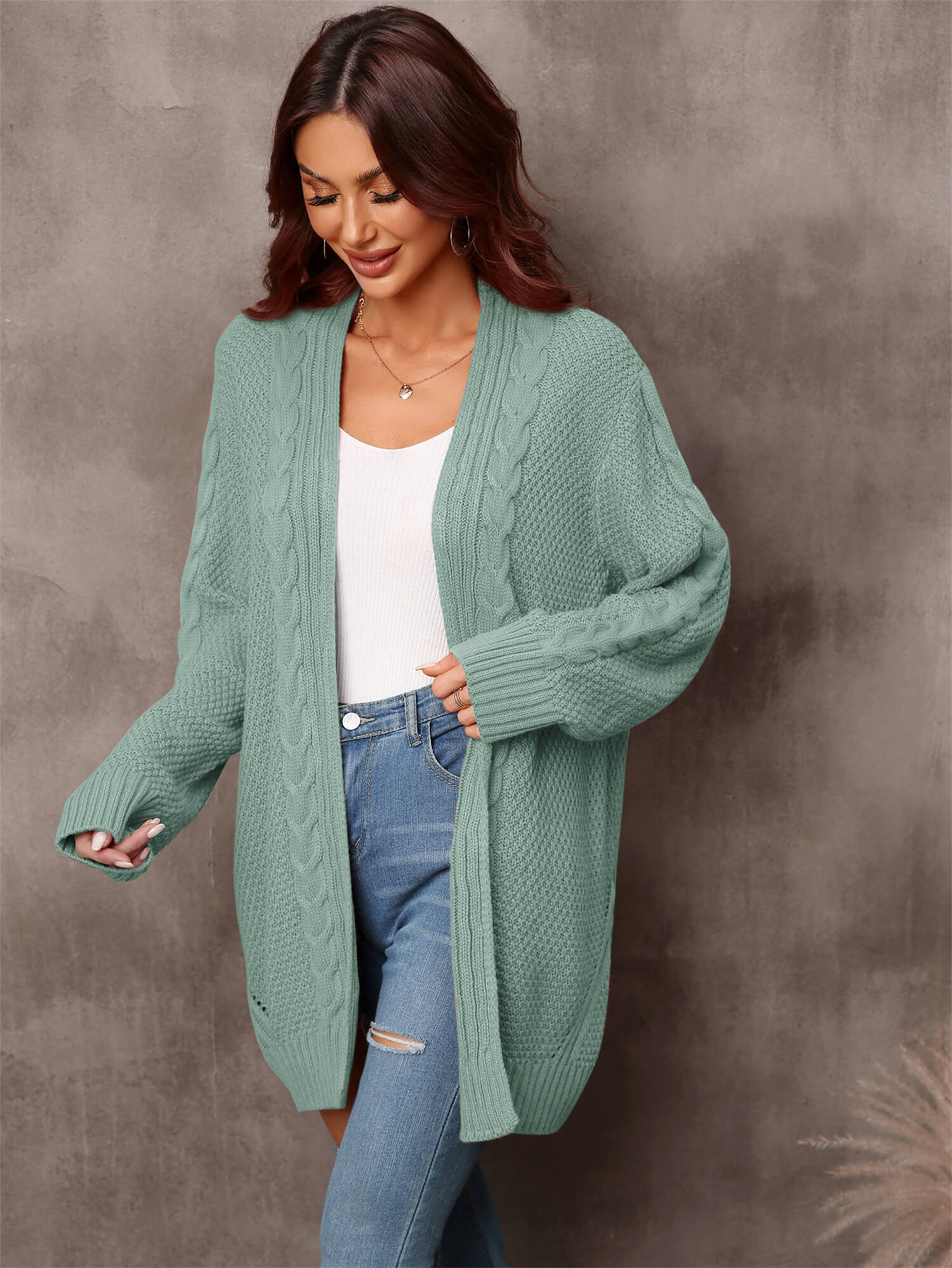 Stijlvolle Groene Kabelgebreide Cardigan voor Dames
