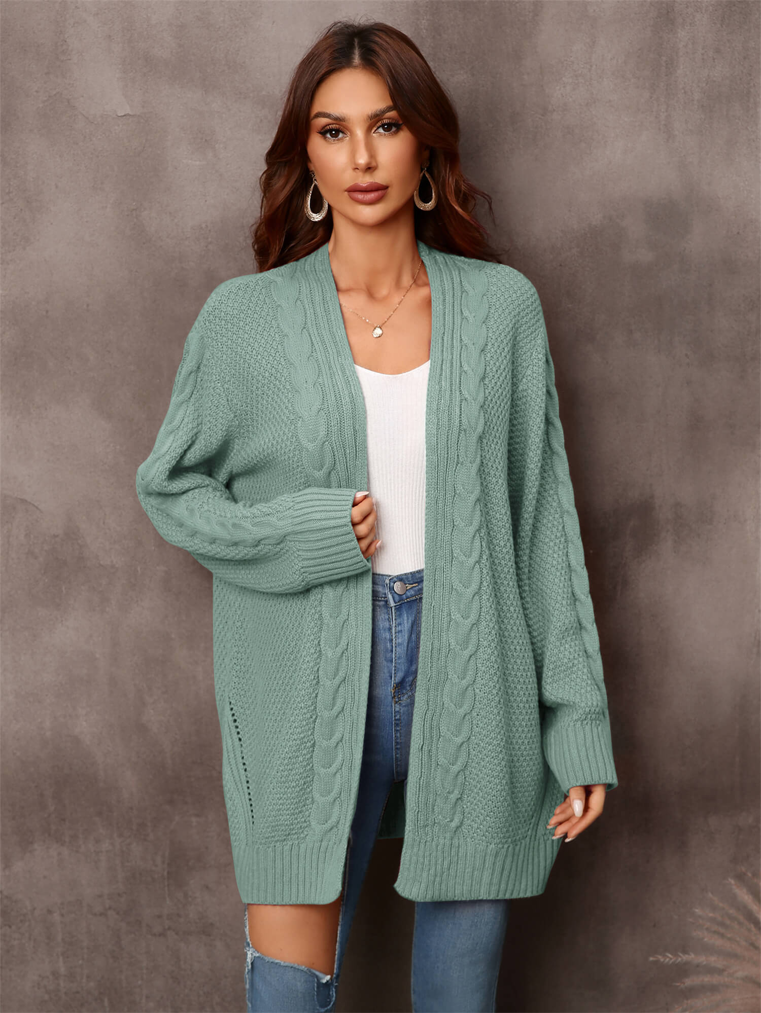 Stijlvolle Groene Kabelgebreide Cardigan voor Dames
