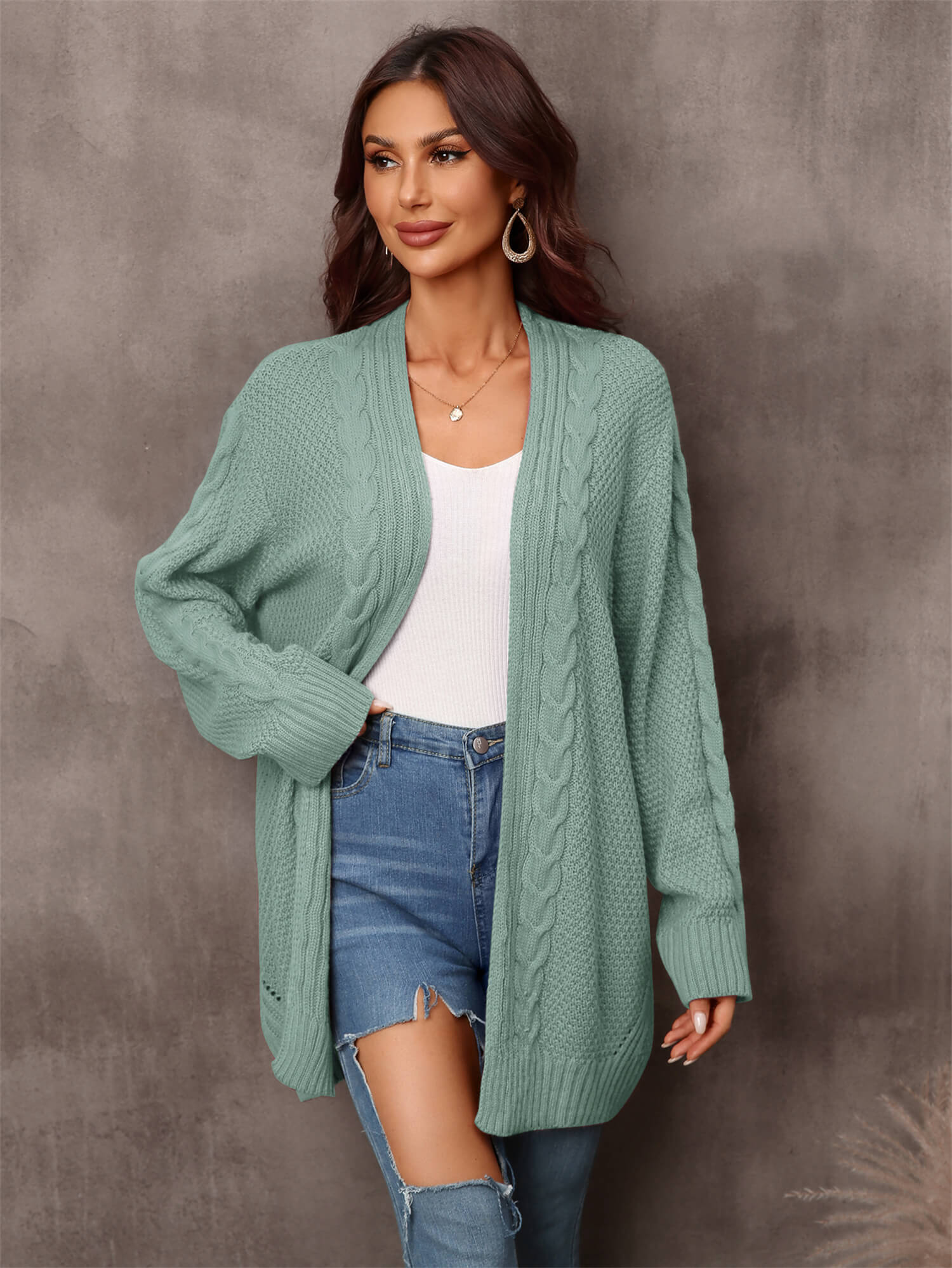 Stijlvolle Groene Kabelgebreide Cardigan voor Dames