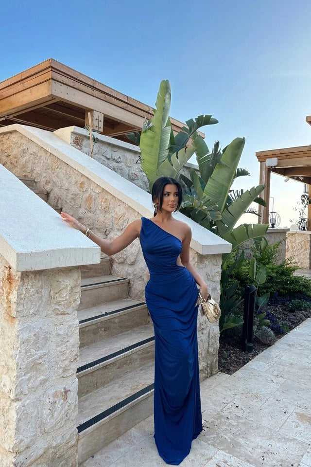 Saks Blauwe Strapless Jurk met Kettendetail