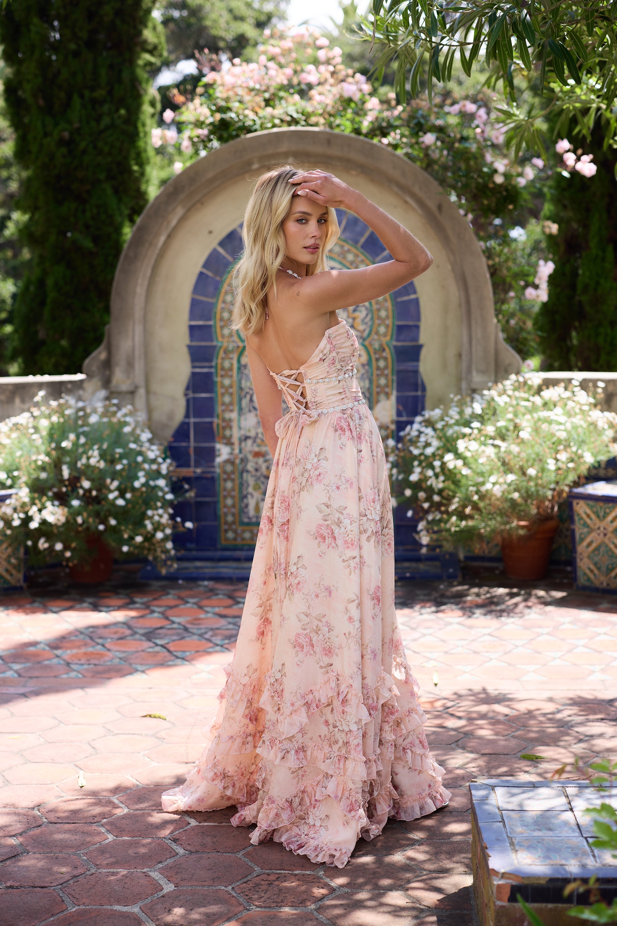 Roze Blossomveil Maxi Jurk met Parelrand voor Dames