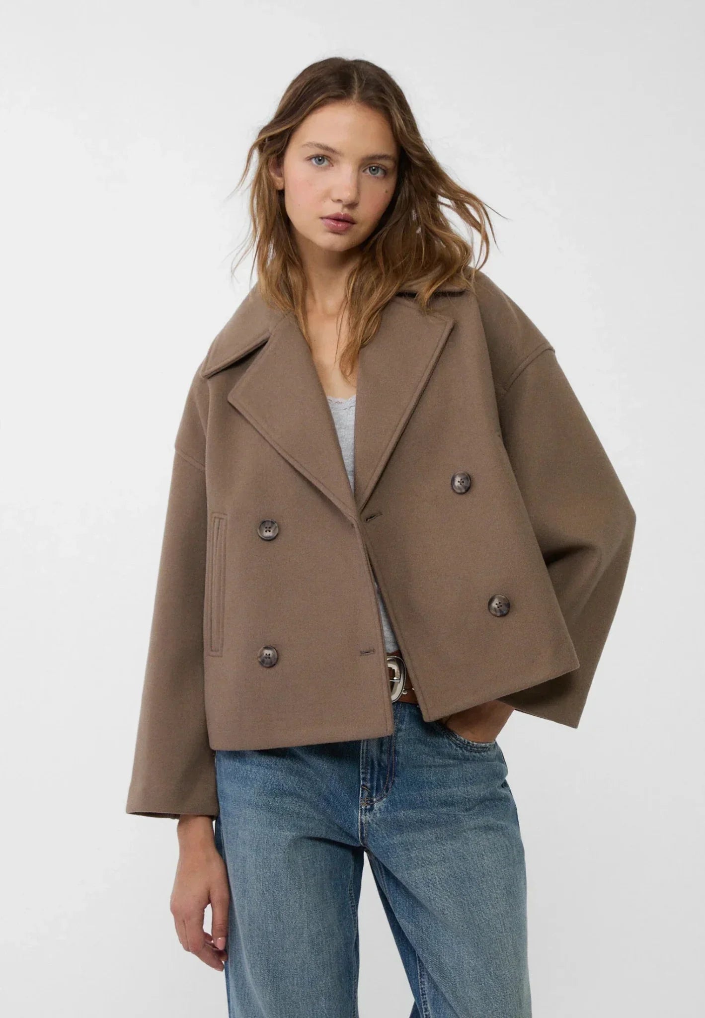 Ladies Coat – Double-Breasted – Oversized Fit – Wool Look – Cropped Structured Style