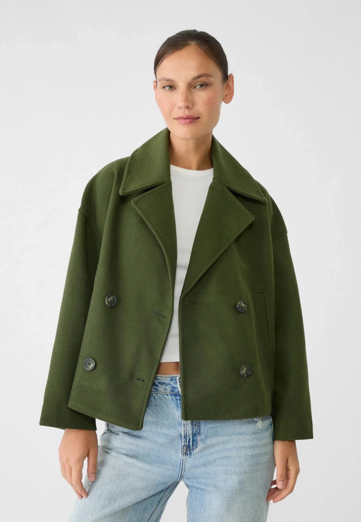 Ladies Coat – Double-Breasted – Oversized Fit – Wool Look – Cropped Structured Style