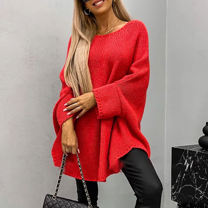 Dames Gebreide Pullover – Oversized Pasvorm – Wolmix – Vleermuismouwen – Tunieklengte
