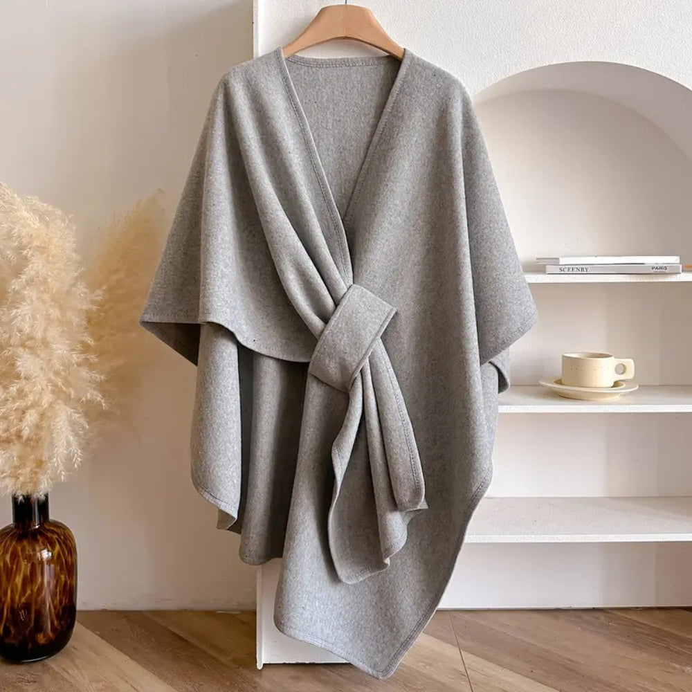 Dames Poncho Shawl Jas – Wol Look – Losvallend Drapémodel – Tailleceintuur