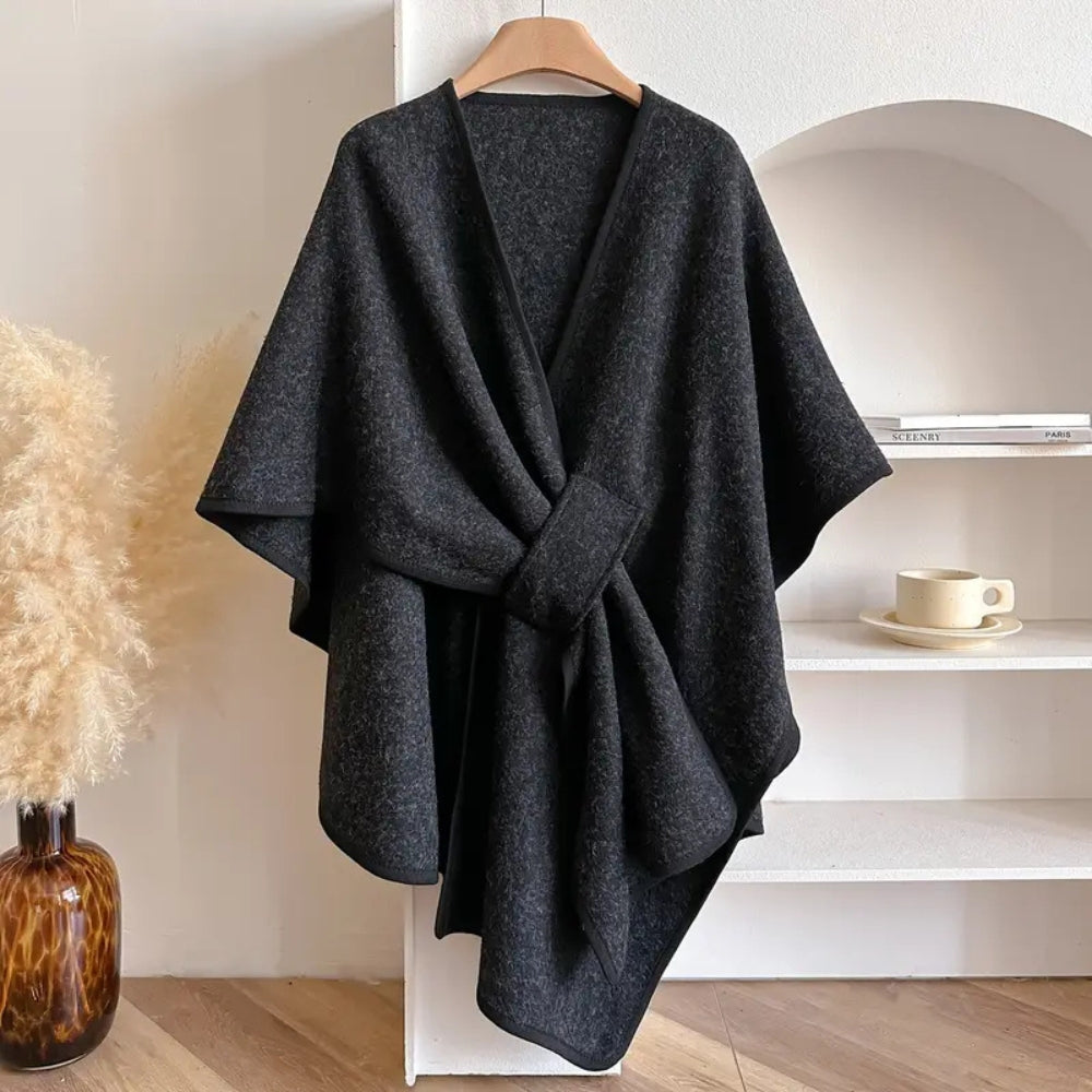 Dames Poncho Shawl Jas – Wol Look – Losvallend Drapémodel – Tailleceintuur